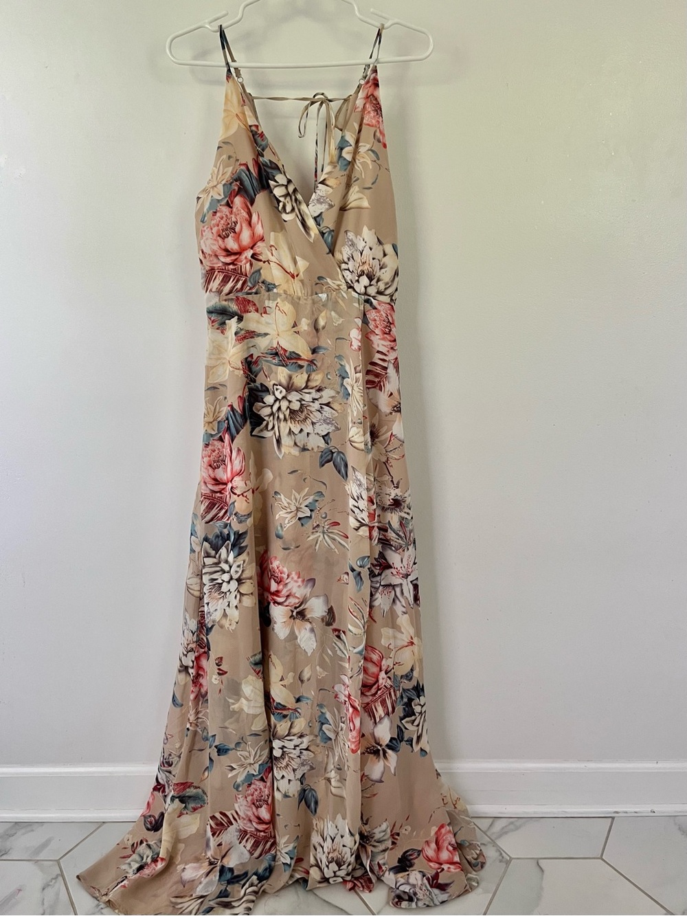 Lulu's Beige Floral Wrap Maxi Dress with Pink Blooms